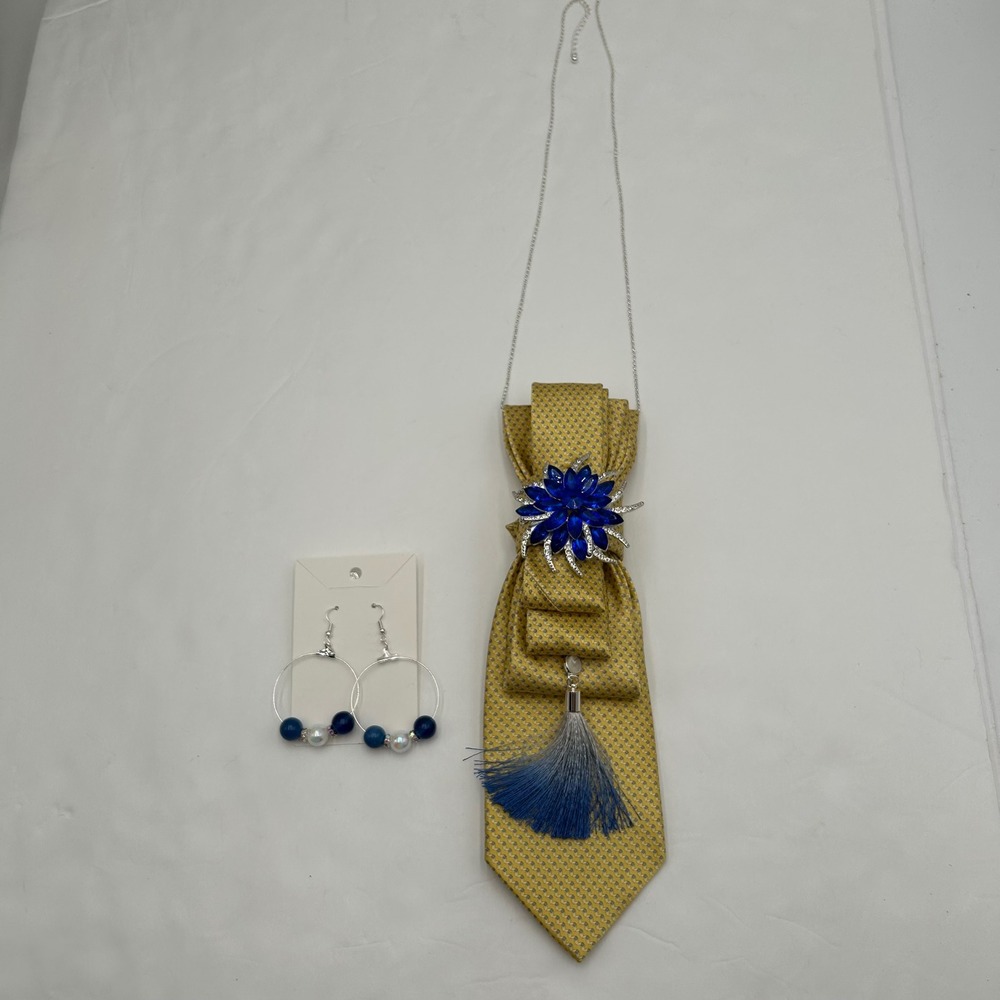 Michael Kors Upcycled Silk Tie Statement Necklace & Beaded Hoop Earring Set Blue - Picture 11 of 12